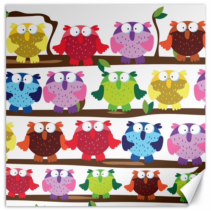 Funny Owls Sitting On A Branch Pattern Postcard Rainbow Canvas 20  x 20  