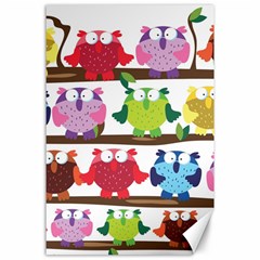 Funny Owls Sitting On A Branch Pattern Postcard Rainbow Canvas 24  x 36 