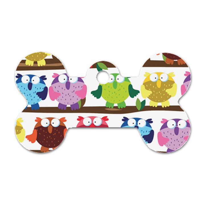 Funny Owls Sitting On A Branch Pattern Postcard Rainbow Dog Tag Bone (One Side)