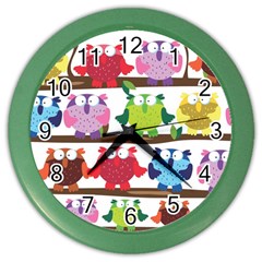 Funny Owls Sitting On A Branch Pattern Postcard Rainbow Color Wall Clocks by Mariart