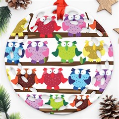 Funny Owls Sitting On A Branch Pattern Postcard Rainbow Ornament (Round Filigree)