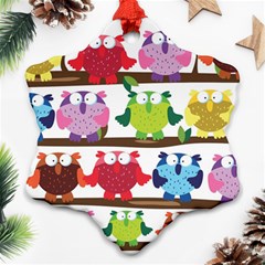 Funny Owls Sitting On A Branch Pattern Postcard Rainbow Ornament (Snowflake)