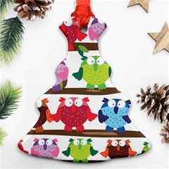 Funny Owls Sitting On A Branch Pattern Postcard Rainbow Ornament (Christmas Tree) 