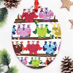 Funny Owls Sitting On A Branch Pattern Postcard Rainbow Ornament (Oval Filigree)