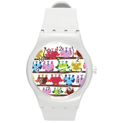 Funny Owls Sitting On A Branch Pattern Postcard Rainbow Round Plastic Sport Watch (m)