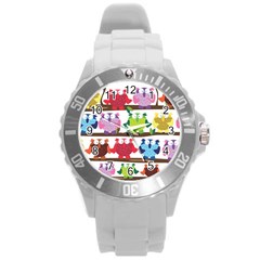 Funny Owls Sitting On A Branch Pattern Postcard Rainbow Round Plastic Sport Watch (l)