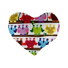 Funny Owls Sitting On A Branch Pattern Postcard Rainbow Standard 16  Premium Heart Shape Cushions