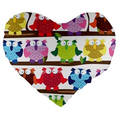 Funny Owls Sitting On A Branch Pattern Postcard Rainbow Large 19  Premium Heart Shape Cushions