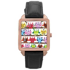 Funny Owls Sitting On A Branch Pattern Postcard Rainbow Rose Gold Leather Watch 