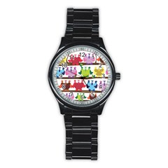 Funny Owls Sitting On A Branch Pattern Postcard Rainbow Stainless Steel Round Watch