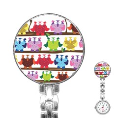 Funny Owls Sitting On A Branch Pattern Postcard Rainbow Stainless Steel Nurses Watch