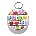 Funny Owls Sitting On A Branch Pattern Postcard Rainbow Mini Silver Compasses Front