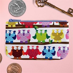 Funny Owls Sitting On A Branch Pattern Postcard Rainbow Large Coin Purse