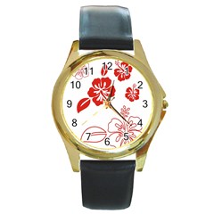 Hawaiian Flower Red Sunflower Round Gold Metal Watch by Mariart