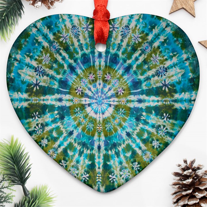 Green Flower Tie Dye Kaleidoscope Opaque Color Heart Ornament (Two Sides)