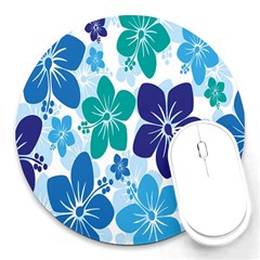 Hibiscus Flowers Green Blue White Hawaiian Round Mousepads by Mariart