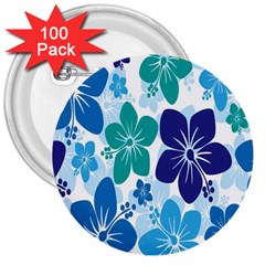 Hibiscus Flowers Green Blue White Hawaiian 3  Buttons (100 Pack) 