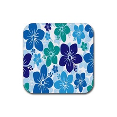 Hibiscus Flowers Green Blue White Hawaiian Rubber Coaster (square)  by Mariart