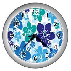 Hibiscus Flowers Green Blue White Hawaiian Wall Clocks (silver)  by Mariart