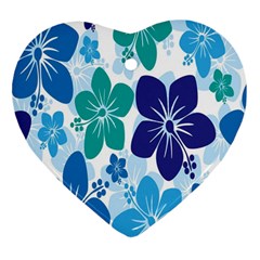 Hibiscus Flowers Green Blue White Hawaiian Heart Ornament (two Sides)