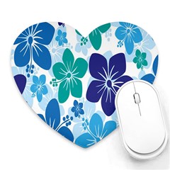 Hibiscus Flowers Green Blue White Hawaiian Heart Mousepads by Mariart