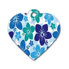 Hibiscus Flowers Green Blue White Hawaiian Dog Tag Heart (one Side)