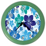 Hibiscus Flowers Green Blue White Hawaiian Color Wall Clocks Front