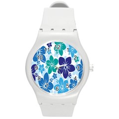 Hibiscus Flowers Green Blue White Hawaiian Round Plastic Sport Watch (m) by Mariart