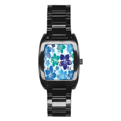 Hibiscus Flowers Green Blue White Hawaiian Stainless Steel Barrel Watch by Mariart