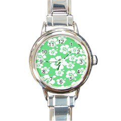 Hibiscus Flowers Green White Hawaiian Round Italian Charm Watch