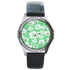 Hibiscus Flowers Green White Hawaiian Round Metal Watch