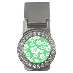 Hibiscus Flowers Green White Hawaiian Money Clips (cz) 