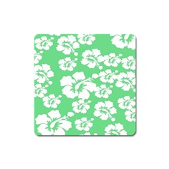 Hibiscus Flowers Green White Hawaiian Square Magnet