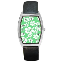 Hibiscus Flowers Green White Hawaiian Barrel Style Metal Watch by Mariart