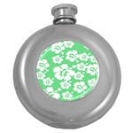 Hibiscus Flowers Green White Hawaiian Round Hip Flask (5 oz) Front