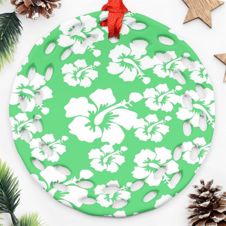 Hibiscus Flowers Green White Hawaiian Round Filigree Ornament (Two Sides)