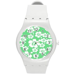 Hibiscus Flowers Green White Hawaiian Round Plastic Sport Watch (m) by Mariart