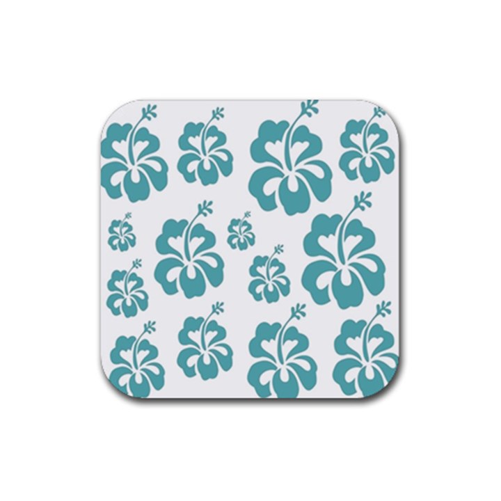 Hibiscus Flowers Green White Hawaiian Blue Rubber Coaster (Square) 