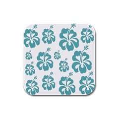 Hibiscus Flowers Green White Hawaiian Blue Rubber Square Coaster (4 Pack)  by Mariart