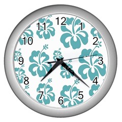 Hibiscus Flowers Green White Hawaiian Blue Wall Clocks (silver)  by Mariart