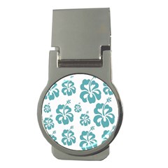 Hibiscus Flowers Green White Hawaiian Blue Money Clips (round)  by Mariart