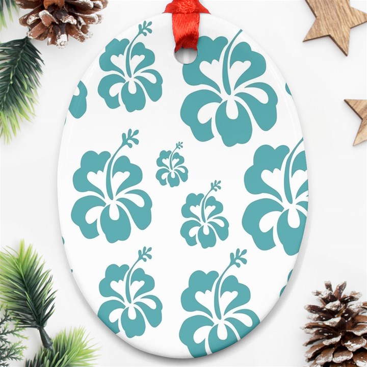 Hibiscus Flowers Green White Hawaiian Blue Oval Ornament (Two Sides)