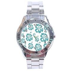 Hibiscus Flowers Green White Hawaiian Blue Stainless Steel Analogue Watch by Mariart