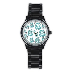 Hibiscus Flowers Green White Hawaiian Blue Stainless Steel Round Watch