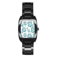 Hibiscus Flowers Green White Hawaiian Blue Stainless Steel Barrel Watch by Mariart