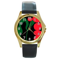 Illustrators Portraits Plants Green Red Polka Dots Round Gold Metal Watch by Mariart