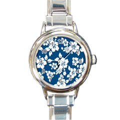 Hibiscus Flowers Seamless Blue White Hawaiian Round Italian Charm Watch