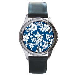 Hibiscus Flowers Seamless Blue White Hawaiian Round Metal Watch