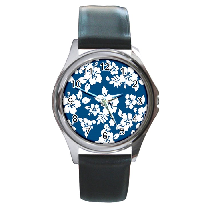 Hibiscus Flowers Seamless Blue White Hawaiian Round Metal Watch