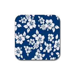 Hibiscus Flowers Seamless Blue White Hawaiian Rubber Coaster (square) 